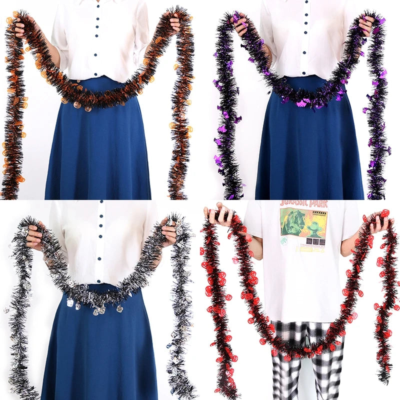 Halloween Decorative Wreath with Pumpkins, Skulls, Bats, and Tinsel Garland - 2.8M/2M Length