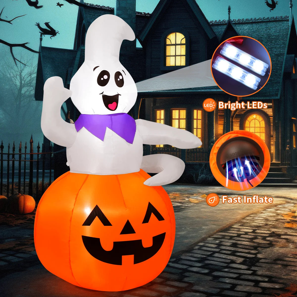 5 FT Halloween Inflatable Pumpkin Ghost with LED Lights for Outdoor Decor