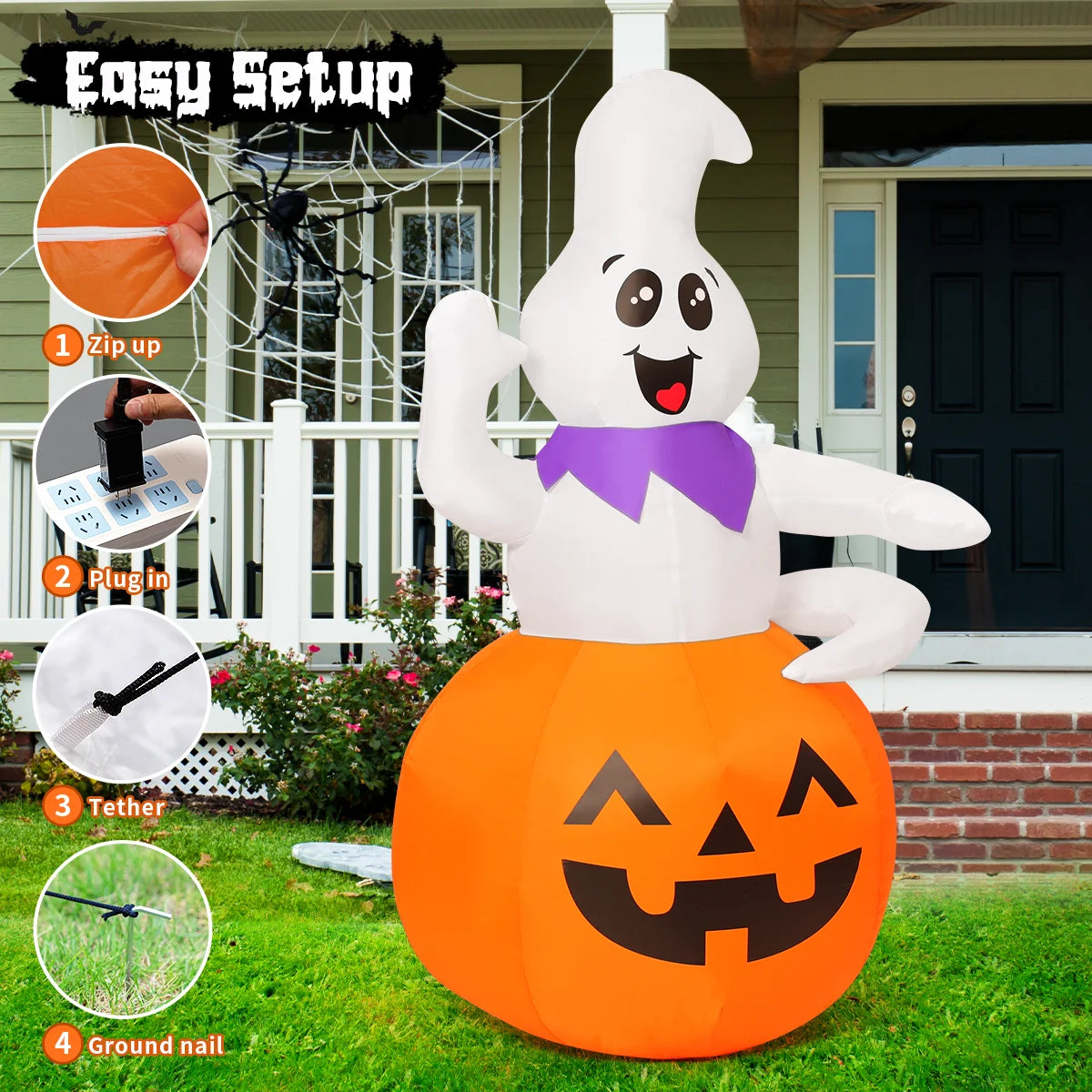 5 FT Halloween Inflatable Pumpkin Ghost with LED Lights for Outdoor Decor