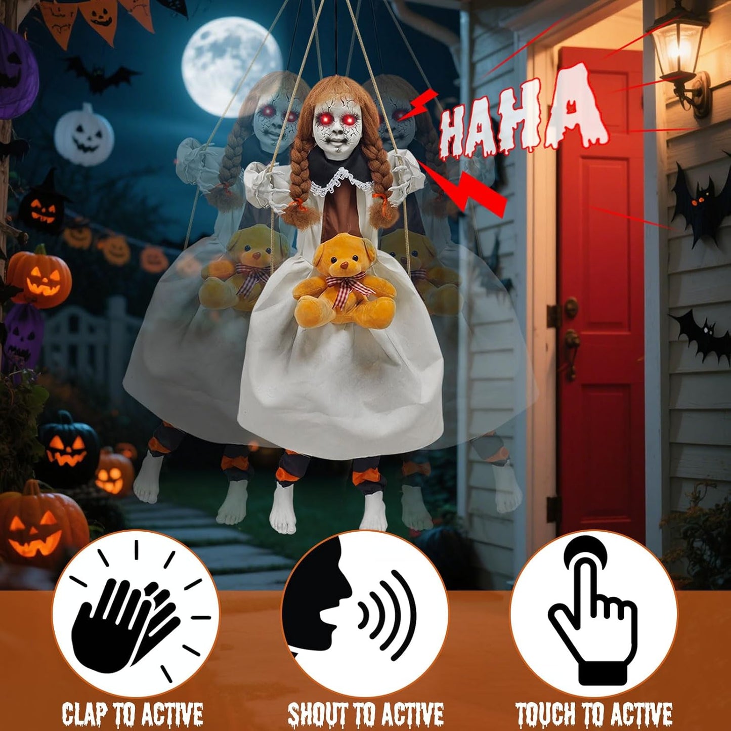 Scary Hanging Swinging Girl Halloween Decorations Outdoor, Large Halloween Anima