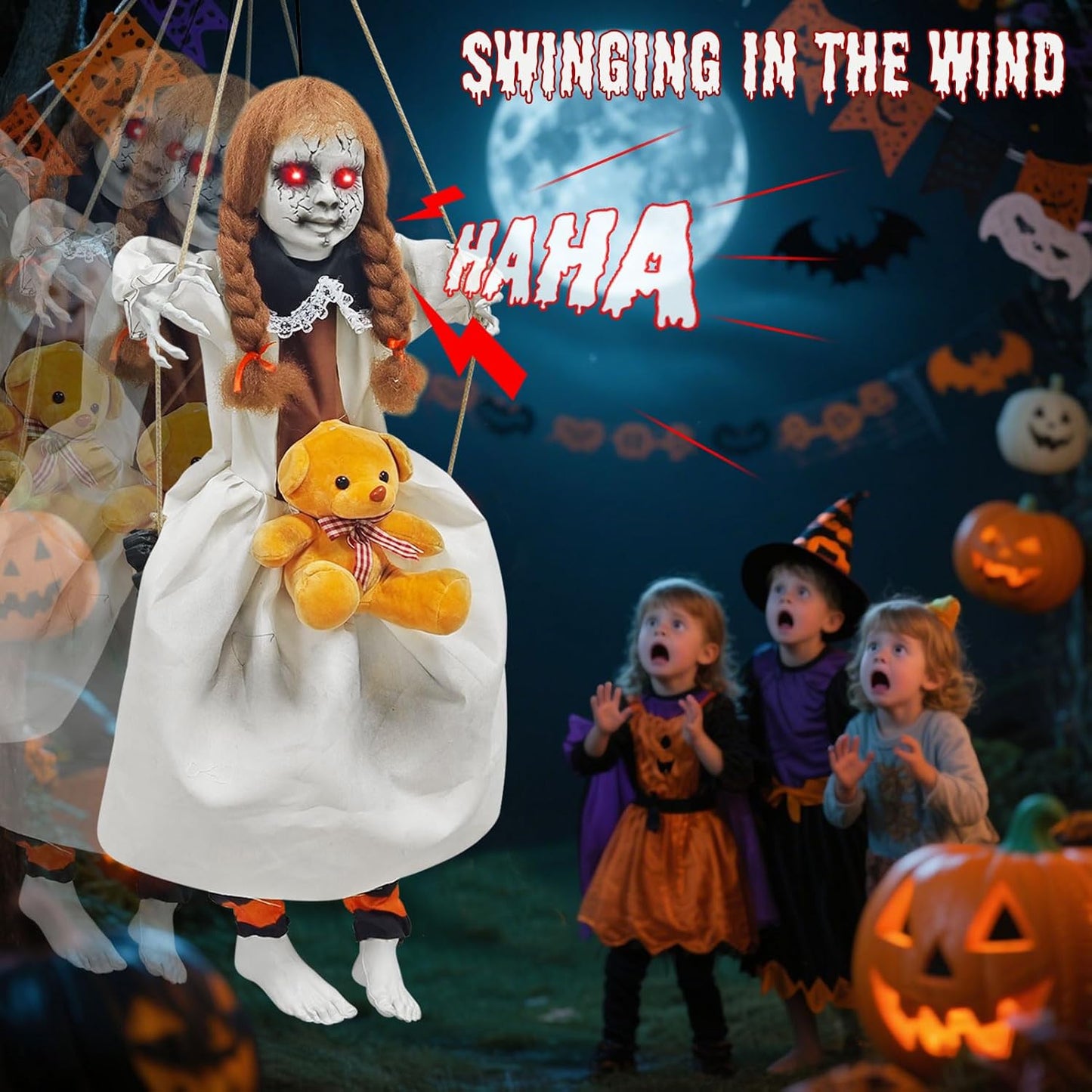 Scary Hanging Swinging Girl Halloween Decorations Outdoor, Large Halloween Anima