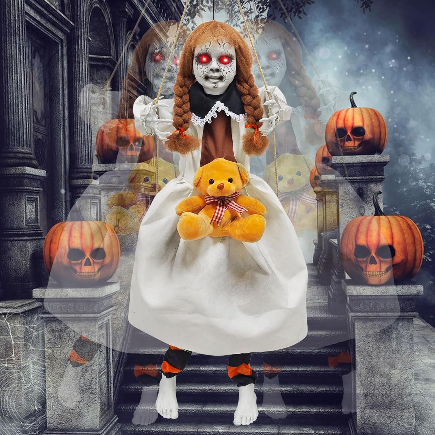 Scary Hanging Swinging Girl Halloween Decorations Outdoor, Large Halloween Anima