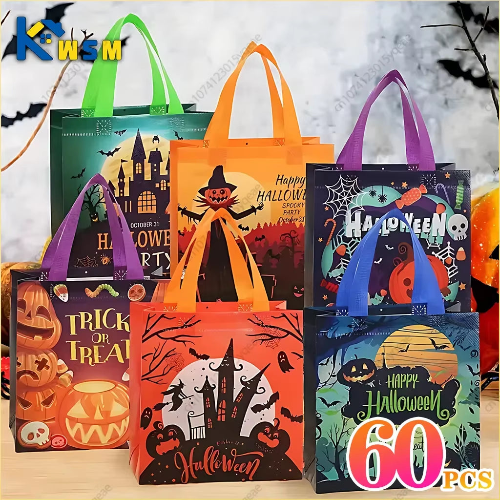 Halloween Candy Gift Bags - Set of 1-60 PCS, Trick or Treat Tote Bags with Handles for Kids' Parties