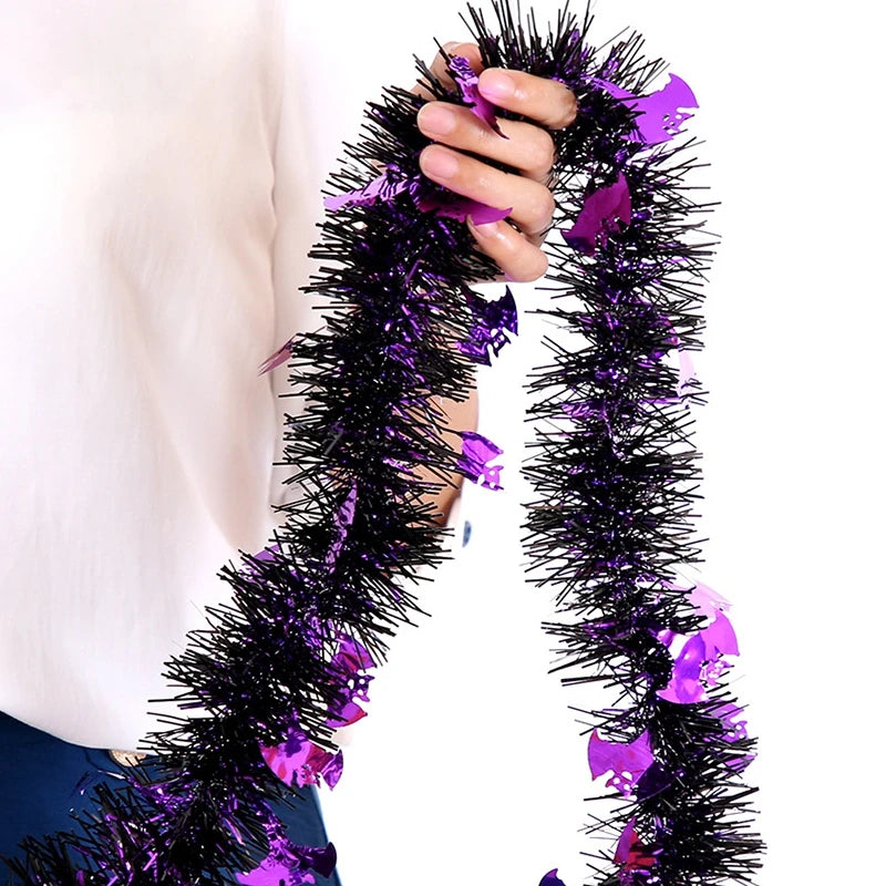 Halloween Decorative Wreath with Pumpkins, Skulls, Bats, and Tinsel Garland - 2.8M/2M Length