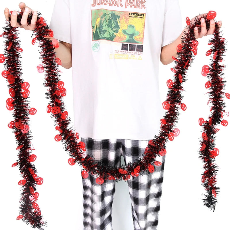 Halloween Decorative Wreath with Pumpkins, Skulls, Bats, and Tinsel Garland - 2.8M/2M Length