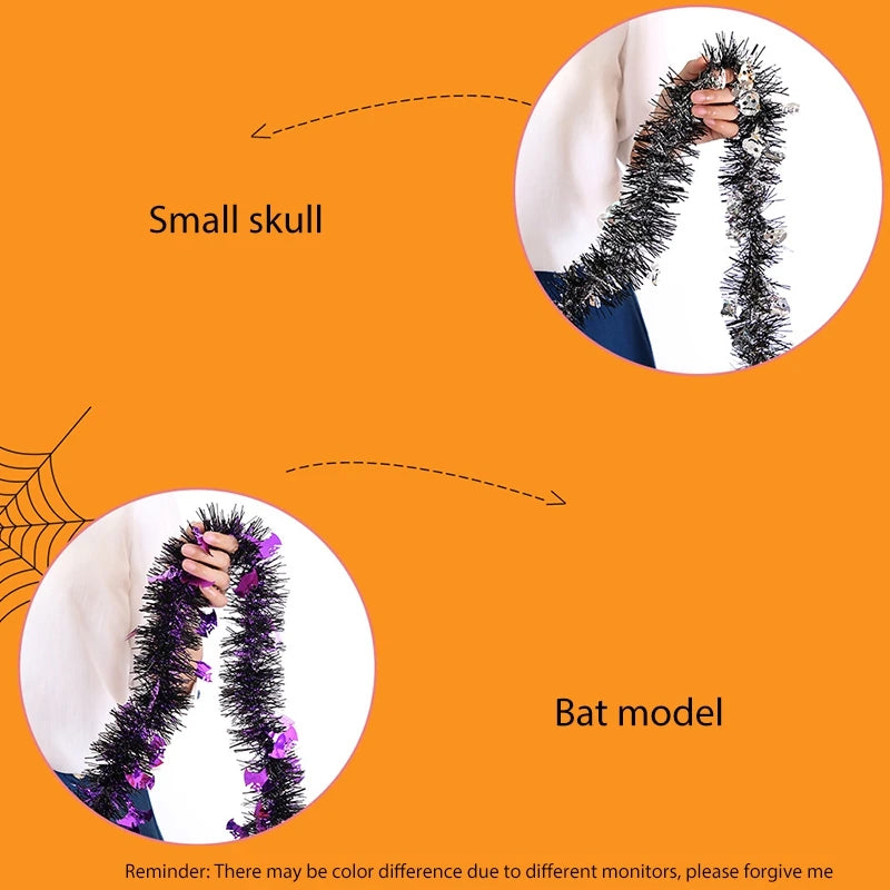 Halloween Decorative Wreath with Pumpkins, Skulls, Bats, and Tinsel Garland - 2.8M/2M Length