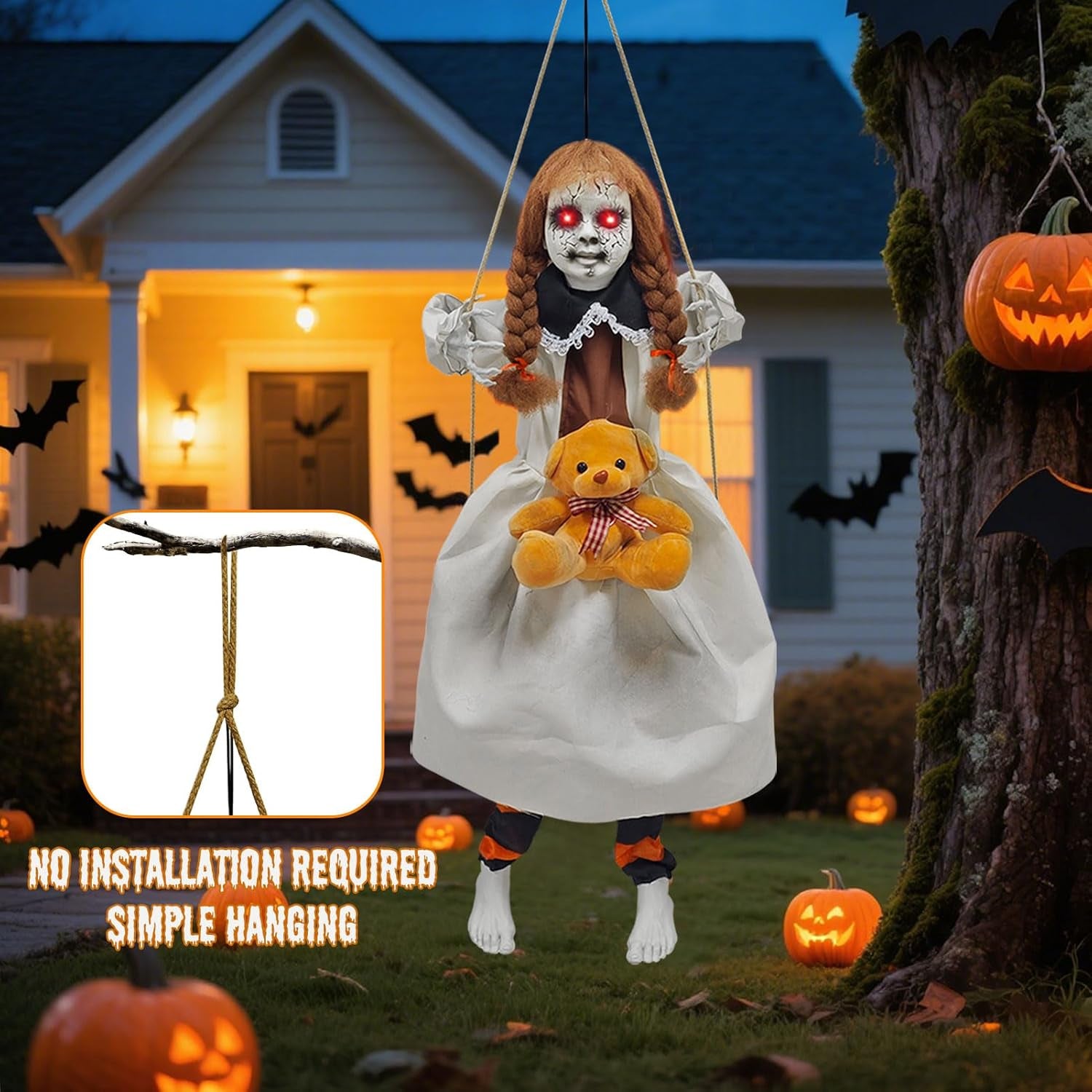 Scary Hanging Swinging Girl Halloween Decorations Outdoor, Large Halloween Anima