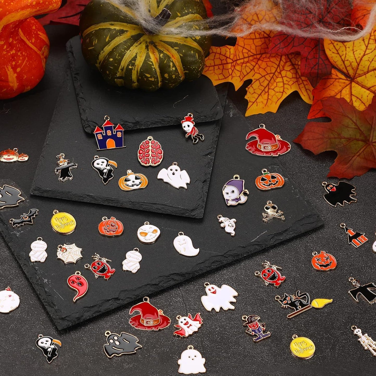 110Pcs 55 Pairs Halloween Charms Gold Enamel Jewelry Pendants for Halloween Earr