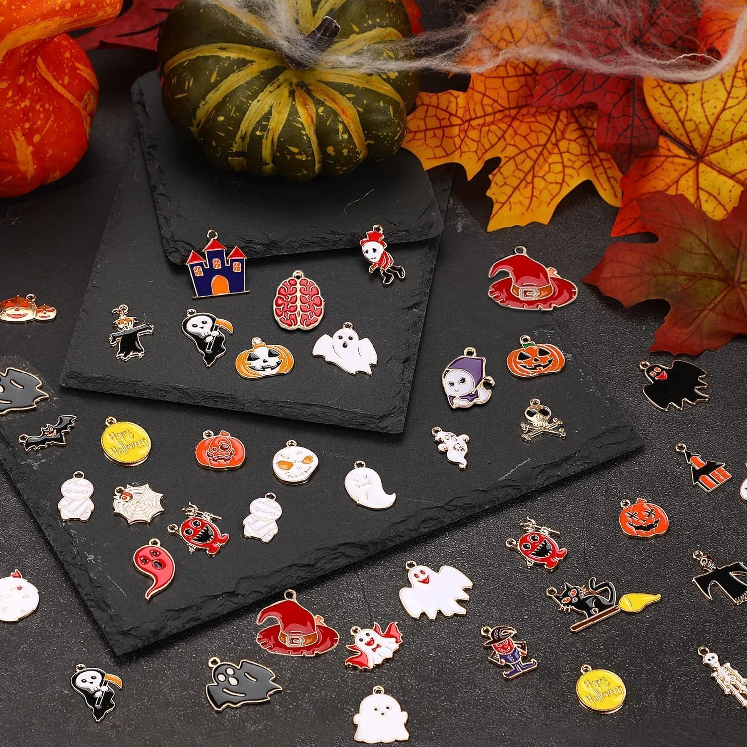 110Pcs 55 Pairs Halloween Charms Gold Enamel Jewelry Pendants for Halloween Earr