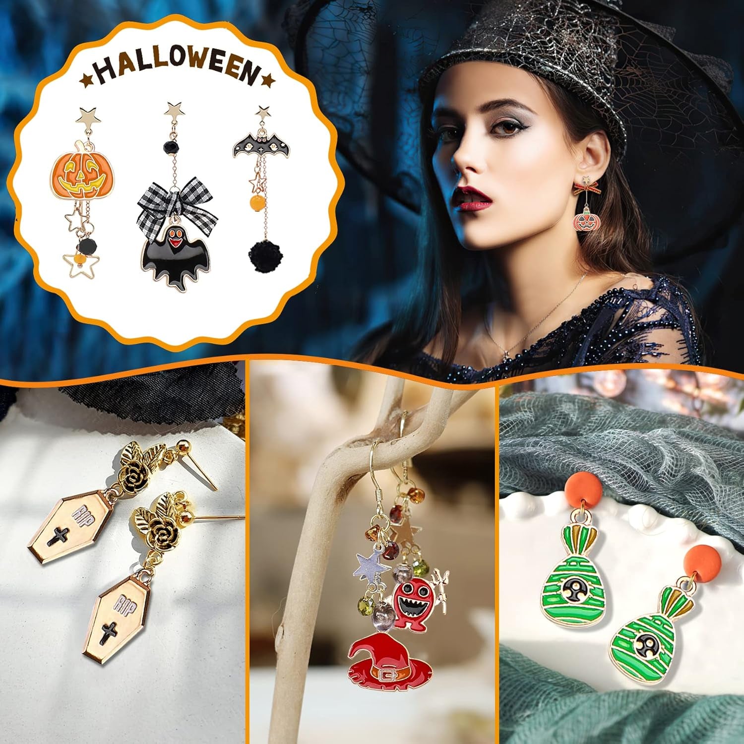 110Pcs 55 Pairs Halloween Charms Gold Enamel Jewelry Pendants for Halloween Earr