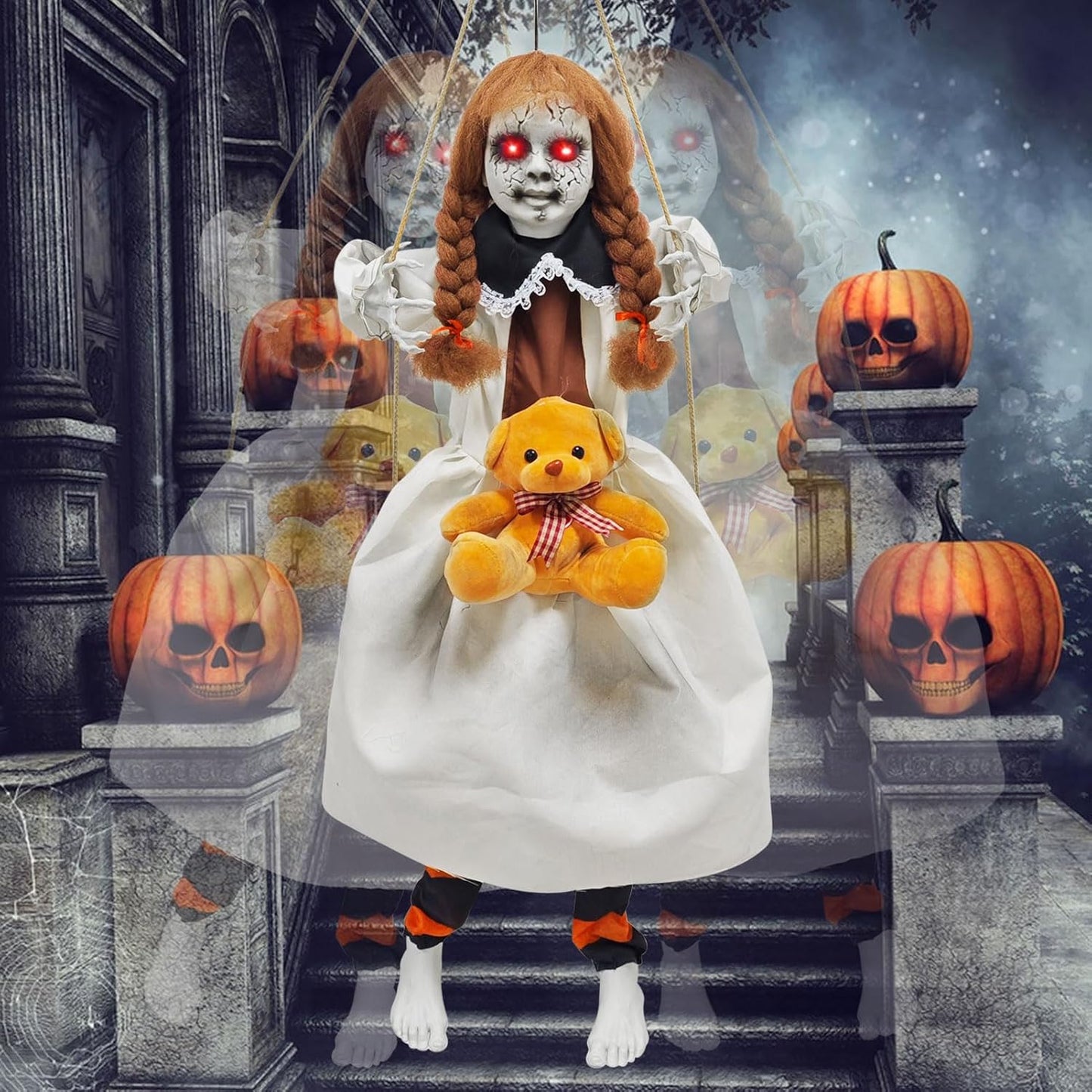 Scary Hanging Swinging Girl Halloween Decorations Outdoor, Large Halloween Anima