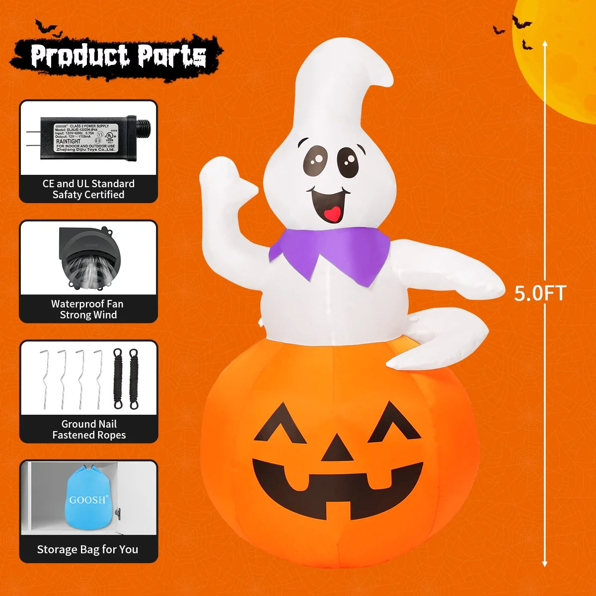 5 FT Halloween Inflatable Pumpkin Ghost with LED Lights for Outdoor Decor