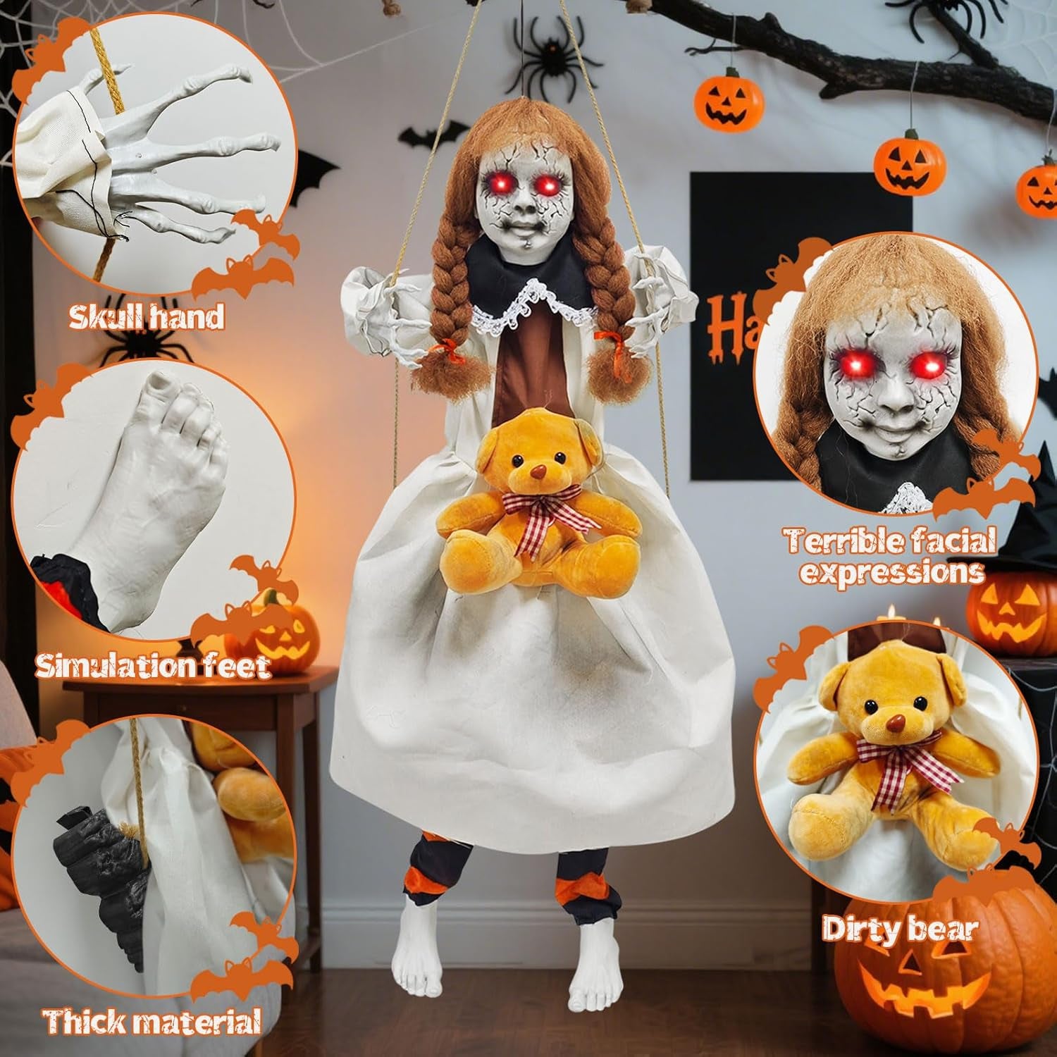 Scary Hanging Swinging Girl Halloween Decorations Outdoor, Large Halloween Anima