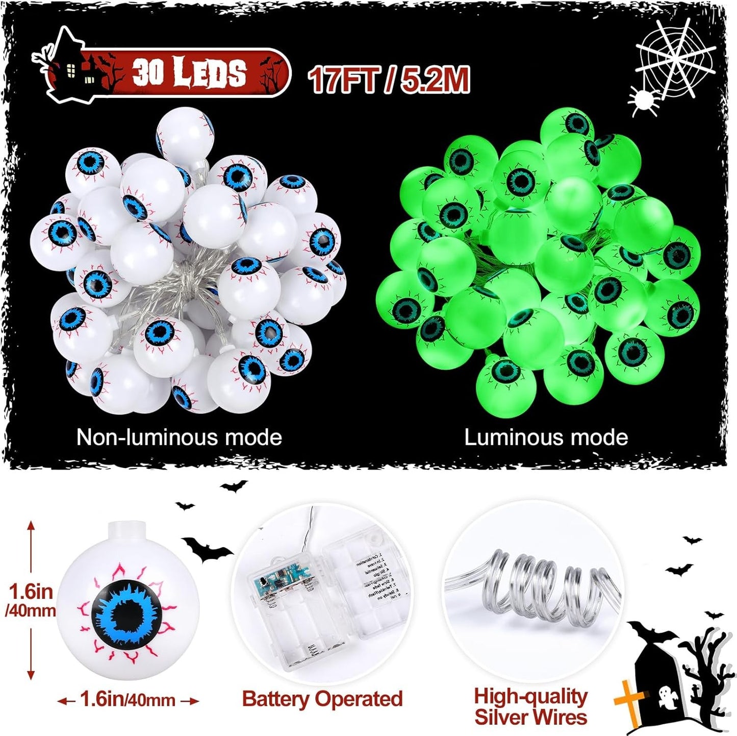 Halloween Decorations 30LED 17Ft Eyeball Halloween String Lights with Timer Remo