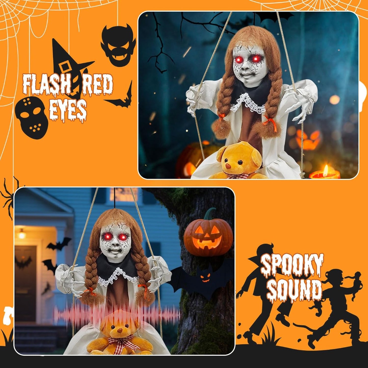 Scary Hanging Swinging Girl Halloween Decorations Outdoor, Large Halloween Anima