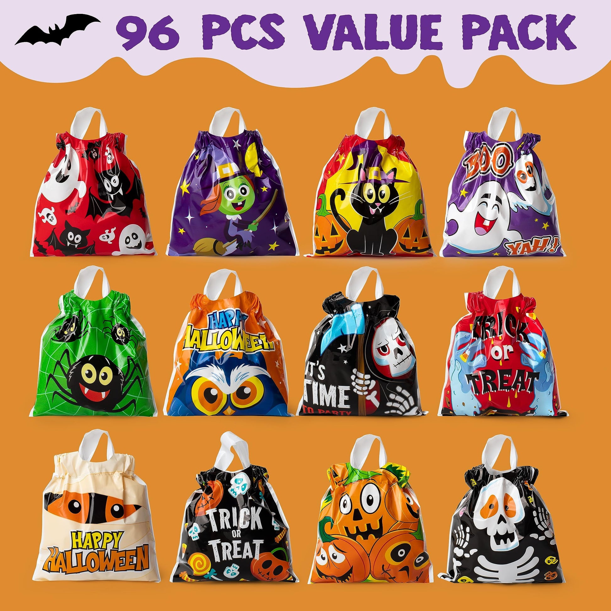 96 Pcs Halloween Treat Bags,Halloween Small Drawstring Candy Bags Goodie Bags Trick or Treat Bags Gift Bags,Classroom Party Favor Supplies
